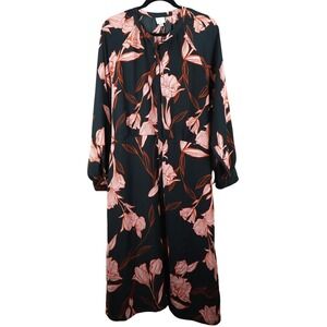 A New Day Floral Print Button Front Maxi Dress Women's XXL Black Pink & Orange